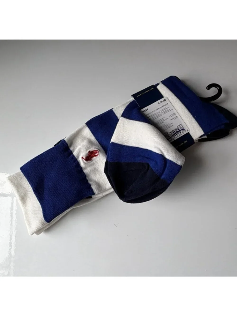 Polo Ralph Lauren Men's Sock 2 Pairs Bear and White with Blue Stripe Size 13-16